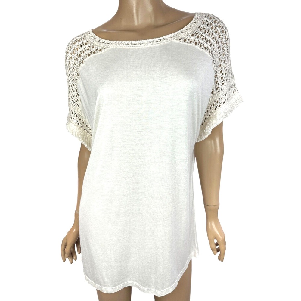 Loft White Pullover Soft Top Short Sleeve Crochet & Fringe Size M 100% Rayon